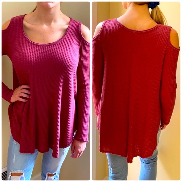Waffle Weave Cold Shoulder Long Sleeve Top - Picture 2 of 6